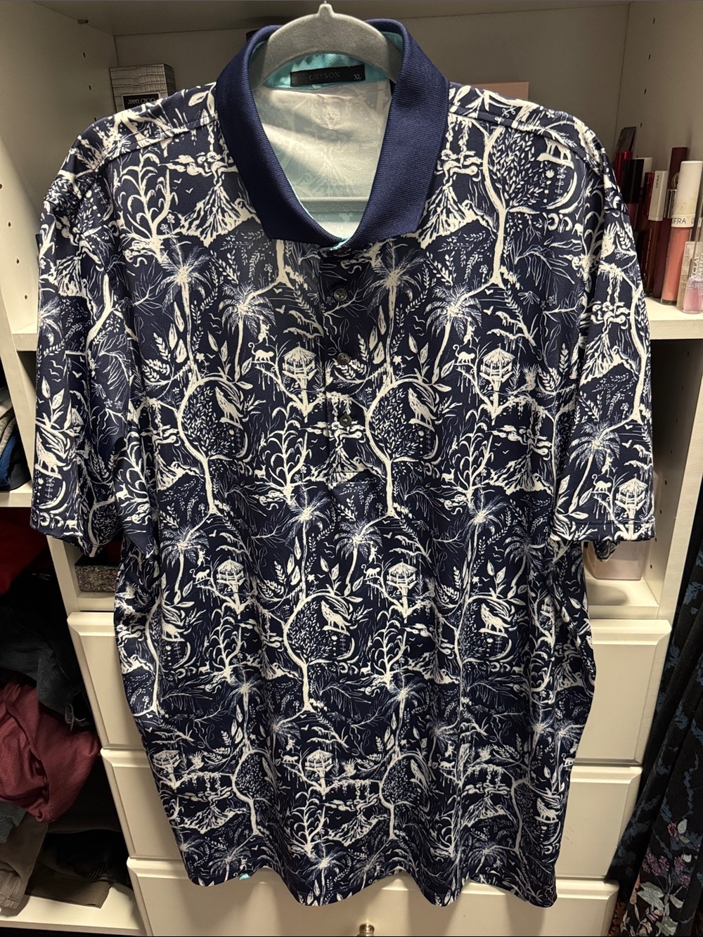 Greyson Navy & White Botanical Print Polo
